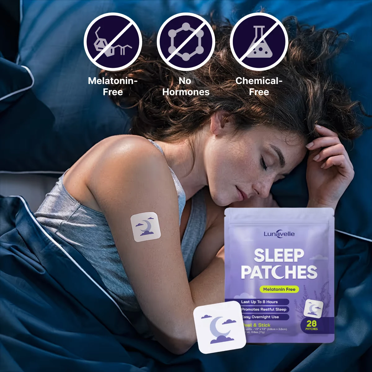 Lunavelle melatonin-free sleep patches beside a resting woman